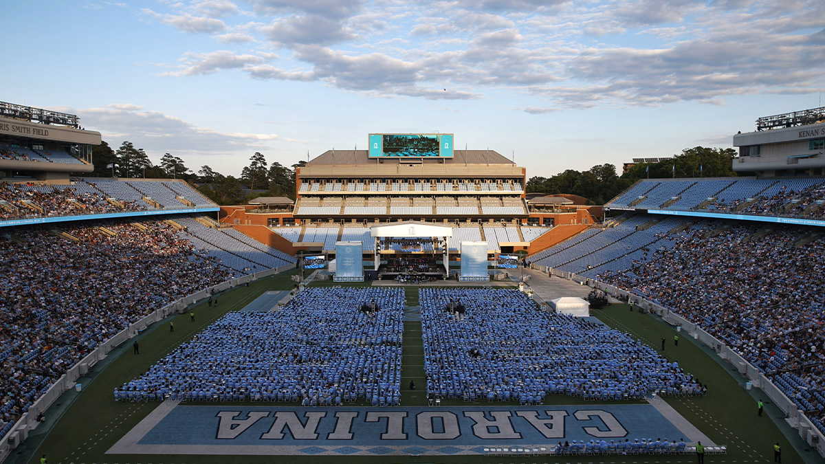 Wide-angle shot of 2024 Spring Commencement at Kenan Stadium on the campus of UNC-Chapel Hill.