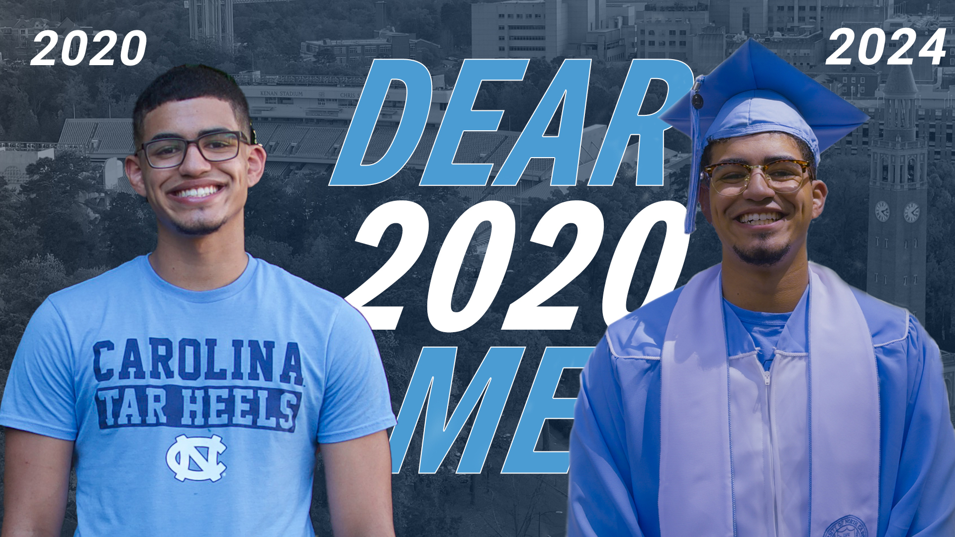 Graphic of Luis Sanchez in Carolina shirt next to Luis in his graduation cap and gown over words 