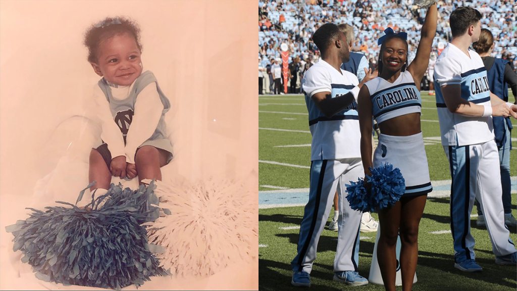 Brooklyn Rushing collage image of her wearing a cheerleader outfit as a toddler next to her in full cheerleader regalia at UNC football stadium.