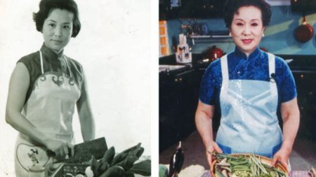 Two photos of Fu Pei-mei cooking on her television show.