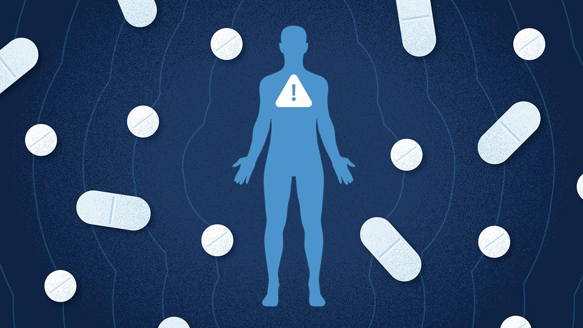 Artwork of silhouetted human figure surrounded by animated pills.