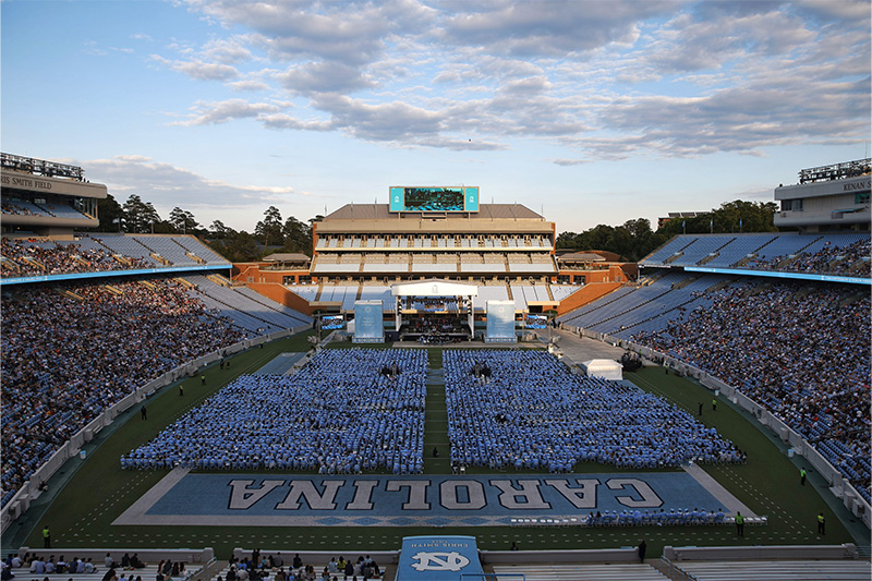 Wide-angle shot of 2024 Spring Commencement at Kenan Stadium on the campus of UNC-Chapel Hill.